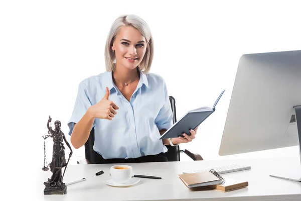 Portrait Smiling Lawyer Showing Thumb Workplace Isolated White — Stock Photo, Image