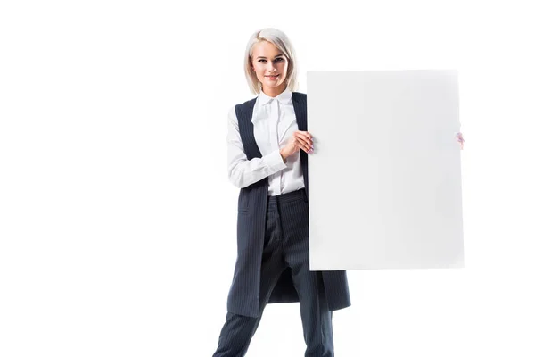 Χαμογελώντας Επιχειρηματίας Δείχνει Άδειο Πανό Που Απομονώνονται Λευκό — Φωτογραφία Αρχείου