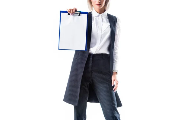 Cropped Shot Businesswoman Formal Wear Showing Empty Notepad Isolated White — Stock Photo, Image