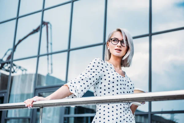 Portrait Stylish Businesswoman Eyeglasses Coffee Hand Looking Away Street — Stock Photo, Image