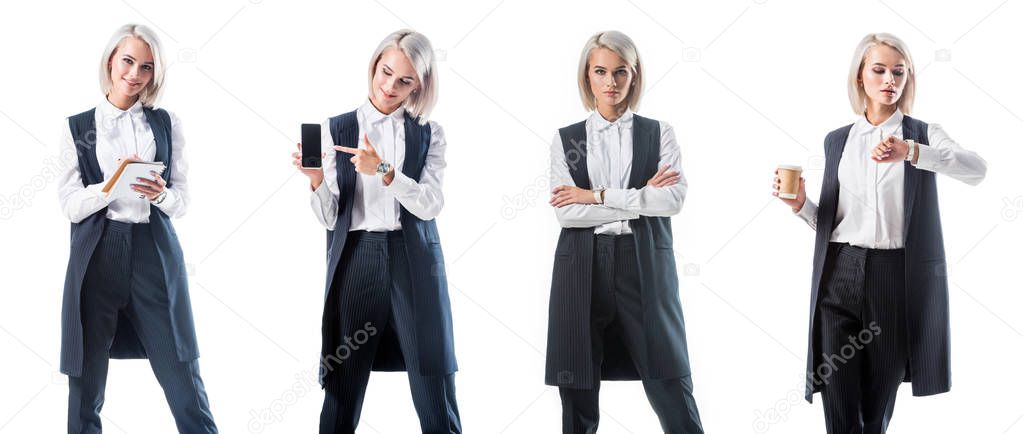 photo collage of businesswoman in formal wear with different objects isolated on white