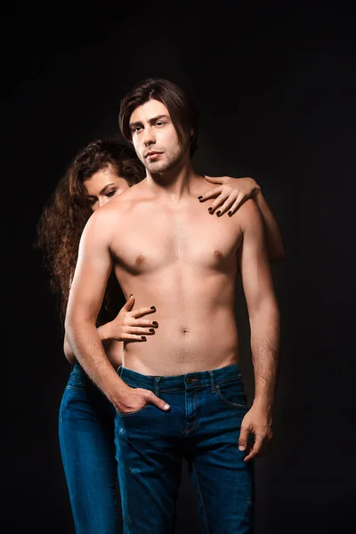 Partial View Woman Hugging Shirtless Boyfriend Jeans Isolated Black — Free Stock Photo