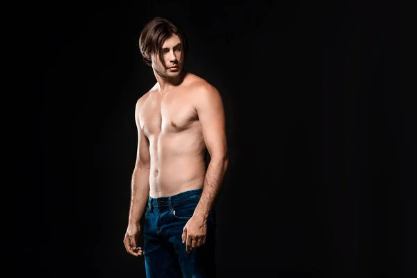 Portrait Pensive Shirtless Man Jeans Looking Away Isolated Black — Stock Photo, Image