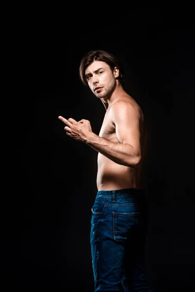 Shirtless Man Jeans Showing Middle Finger Camera Isolated Black — Stock Photo, Image