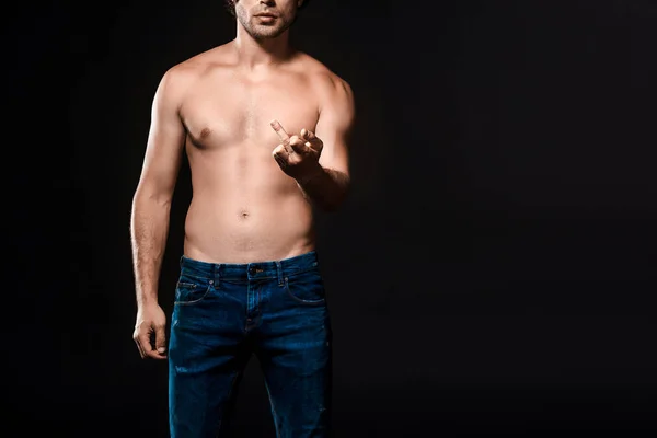 Partial View Shirtless Man Showing Middle Finger Camera Isolated Black — Free Stock Photo