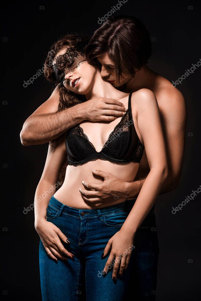 Portrait Man Hugging Kissing Sexy Shirtless Girlfriend