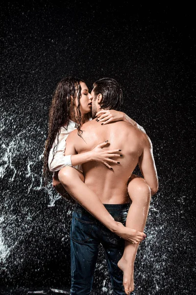 Back View Sexy Young Couple Water Splash Isolated Black — Stock Photo, Image