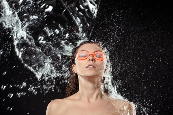 Portrait Woman Swimming Goggles Swilled Water Isolated Black — Free Stock Photo