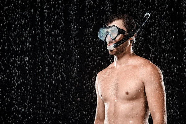 Portrait Shirtless Man Swimming Mask Snorkel Standing Water Drops Isolated — Stock Photo, Image