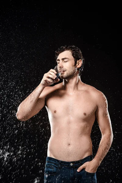 Portrait Shirtless Man Drinking Water Glass While Swilled Water Isolated — Stock Photo, Image