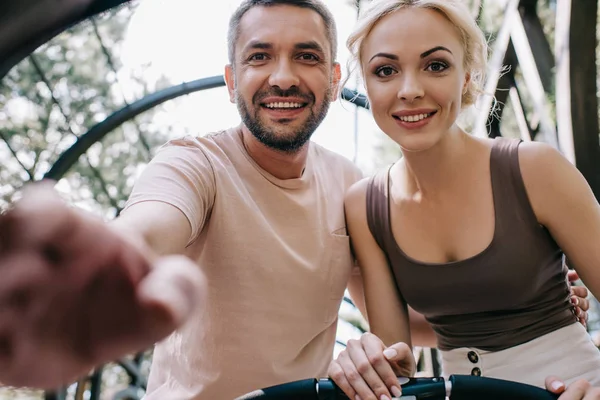 Low Angle View Happy Parents Looking Baby Carriage Park — Stock Photo, Image