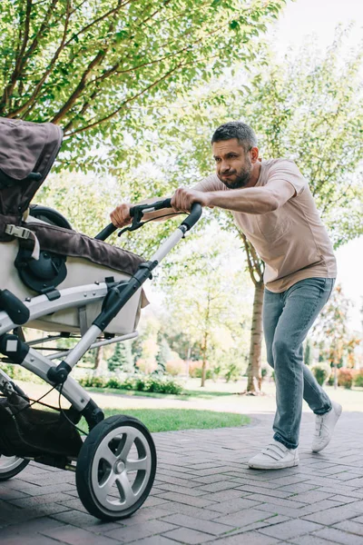 Father Walking Heavy Baby Carriage Park — Stock Photo, Image