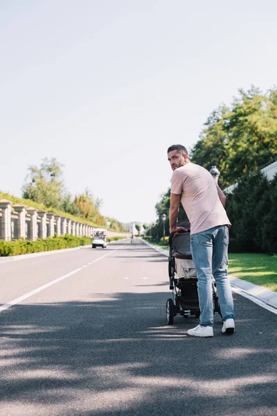 Back View Father Walking Baby Carriage Road Park — Stock Photo, Image