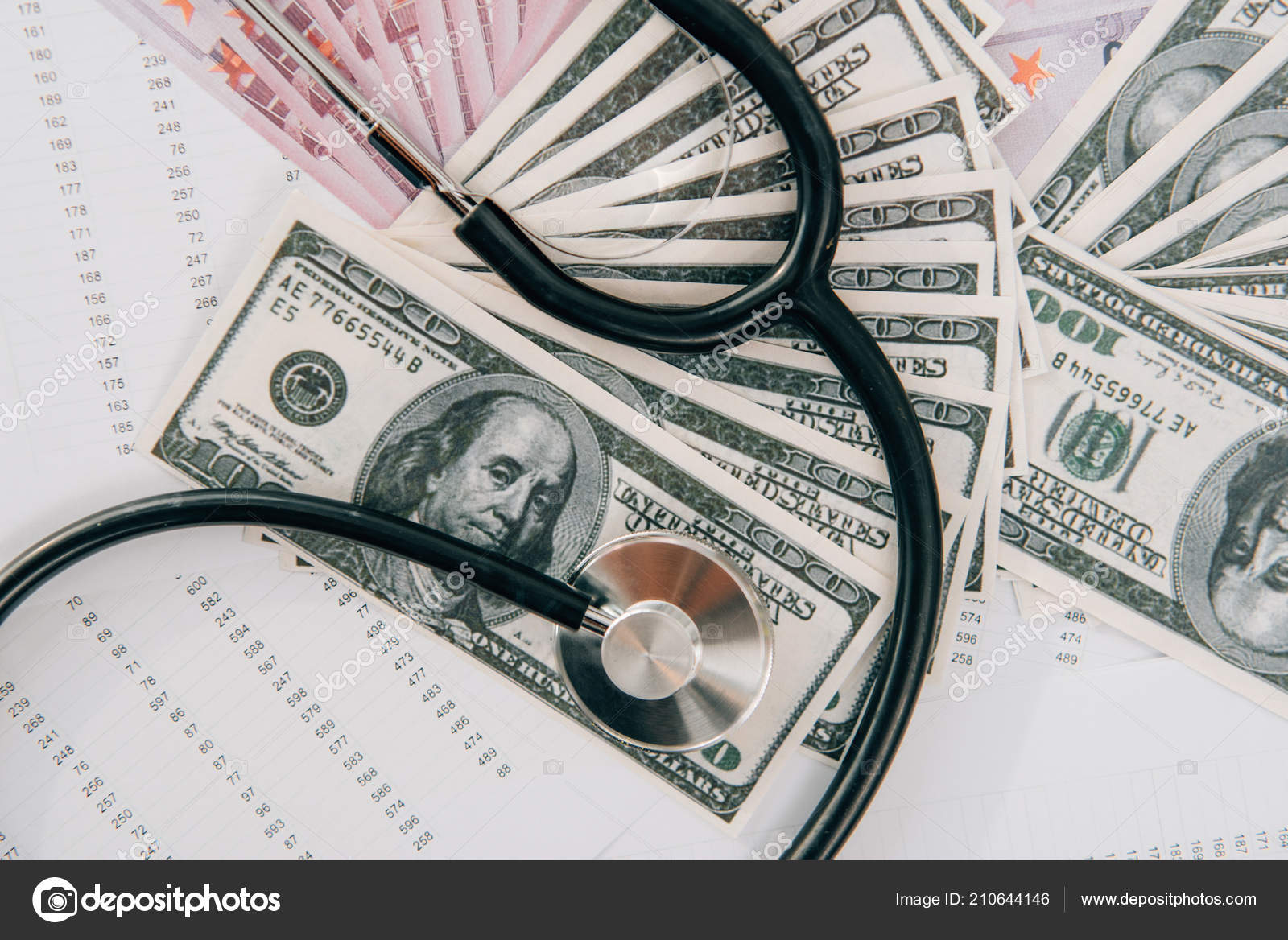 Top View Stethoscope Dollar Euro Banknotes Table Clinic Health