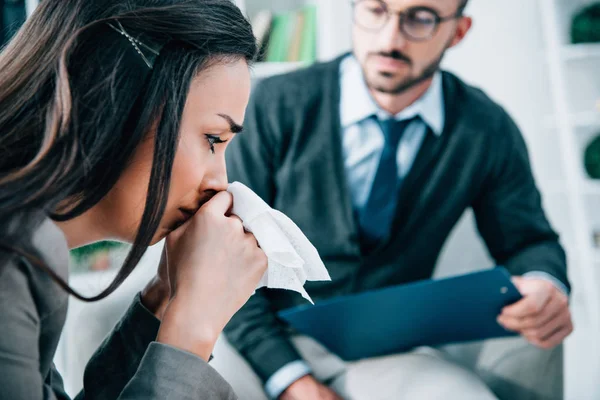 Depressed Female Patient Crying Psychologist Office — Stock Photo, Image