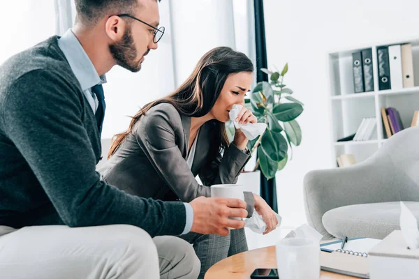 Psychologist Giving Cup Tea Crying Female Patient Doctors Office — Stock Photo, Image