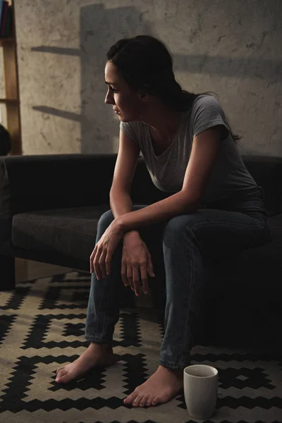 Upset Depressed Girl Sitting Sofa Home — Stock Photo, Image