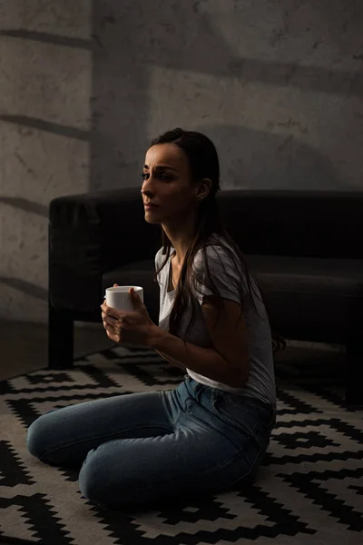 Sad Beautiful Woman Cup Coffee Sitting Floor — Free Stock Photo