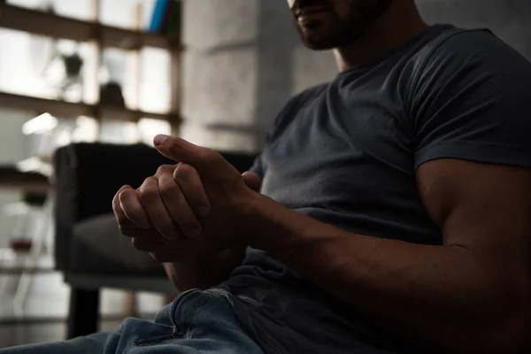 Cropped View Depressed Man Sitting Home — Stock Photo, Image