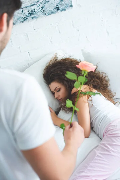 Tânăr Prezentând Floarea Trandafir Prietenei Frumoase Dormit — Fotografie de stoc gratuită