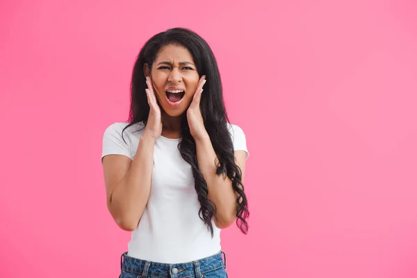 Portrait Young African American Woman Feeling Discomfort Headache Isolated Pink — Free Stock Photo