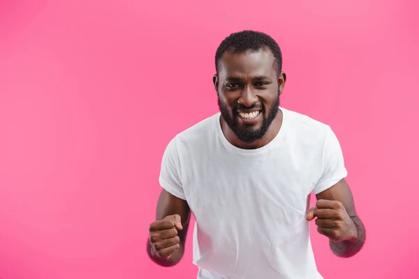 Portrait Smiling African American Man Showing Fists Isolated Pink — Stock Photo, Image