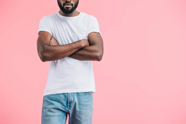 Partial View African American Man Arms Crossed Casual Clothing Isolated — Stock Photo, Image