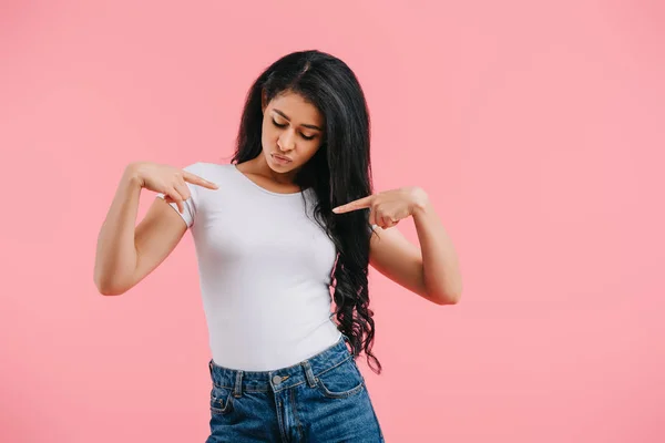 Portrait Beautiful African American Woman Pointing Blank White Shirt Isolated — Stock Photo, Image