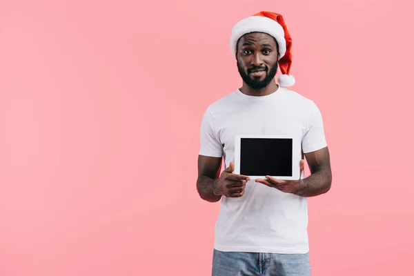 Portrait Emotional African American Man Santa Claus Hat Tablet Blank — Stock Photo, Image