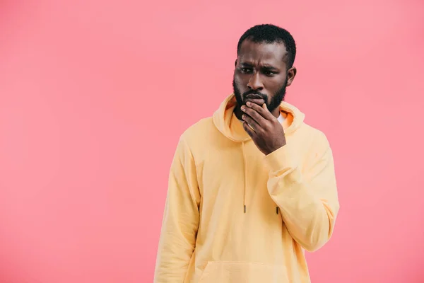 Thoughtful Young African American Man Hand Chin Isolated Pink Background — Stock Photo, Image