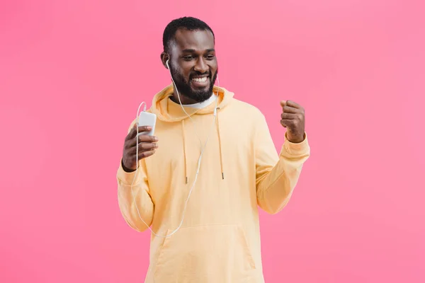 Happy African American Man Earphones Gesturing Hand Listening Music Smartphone — Stock Photo, Image