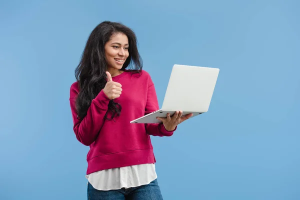 African American Woman Doing Thumb Gesture Holding Laptop Isolated Blue — Stock Photo, Image