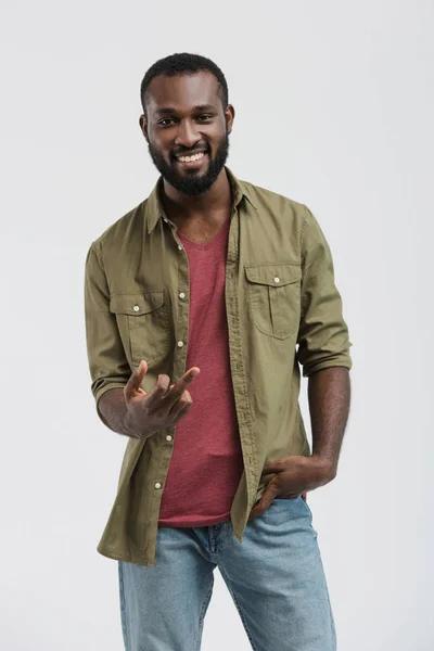 Smiling Handsome African American Man Showing Middle Finger Isolated White — Free Stock Photo