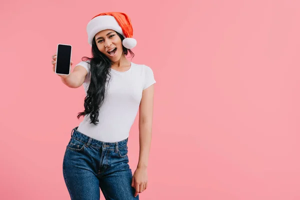 Excited Attractive African American Girl Sants Hat Showing Smartphone Blank — Stock Photo, Image