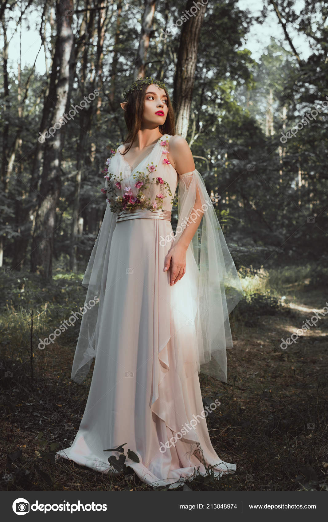 Elf Character Flower Dress Wreath Posing Forest Stock Photo