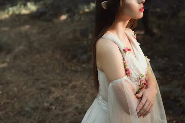 組んだ腕の側に立って花模様のドレスでエレガントなエルフのトリミング ビュー — ストック写真