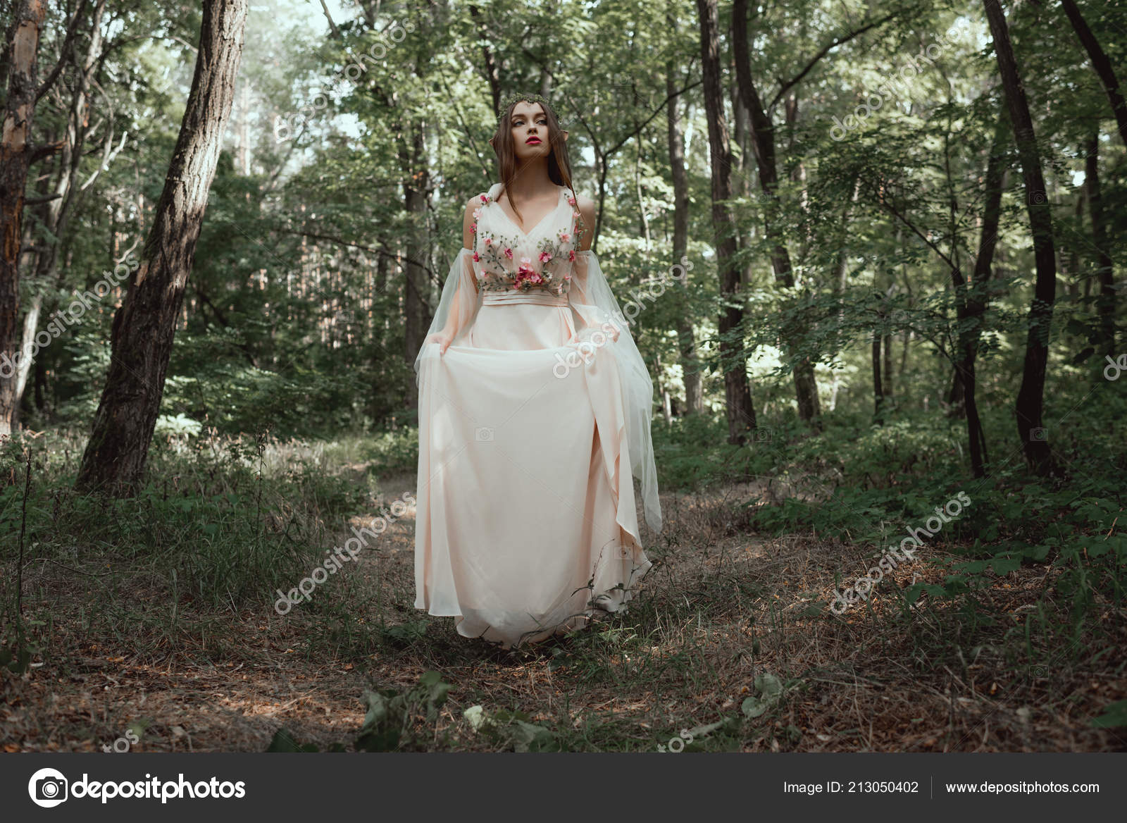 Mystic Elf Elegant Flower Dress Forest Stock Photo