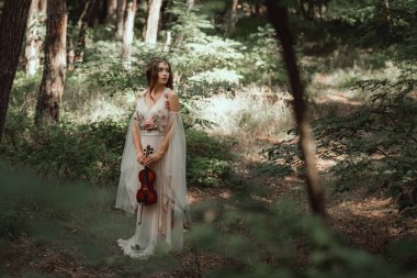 mystic elf in elegant dress holding violin in beautiful forest clipart