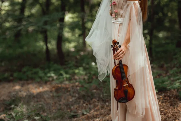 森の中でバイオリンを保持している花とドレスの少女のトリミング ビュー — ストック写真