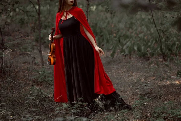 Siyah Elbise Kırmızı Pelerin Keman Ormanında Tutarak Zarif Mistik Kadın — Stok fotoğraf