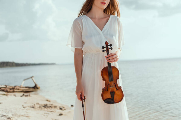 cropped view of woman in elegant dress holding violin on seashore