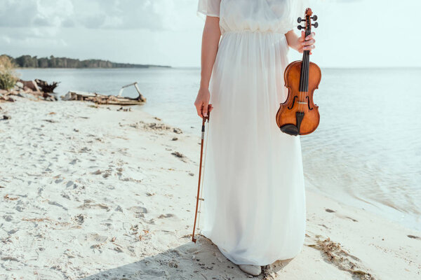 cropped view of girl in elegant dress holding violin on beach near sea 