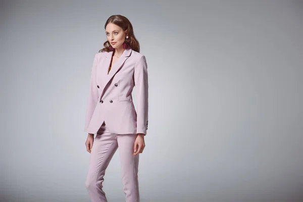 Attractive Woman Fashionable Pink Suit Looking Away Isolated Grey — Stock Photo, Image