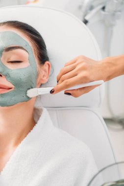 kısmi güzellik uzmanı spa salonda kadın yüzü kil maskesi uygulayarak görünümünü