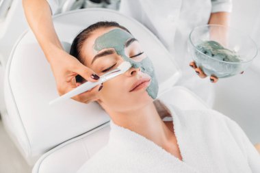 kısmi güzellik uzmanı kil maskesi fırça ile spa salonda kadın yüzü uygulayarak görünümünü