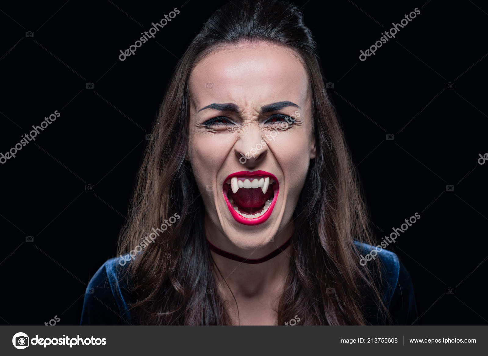 Gothic Woman Showing Vampire Teeth Isolated Black — Stock Photo © VitalikRadko 213755608
