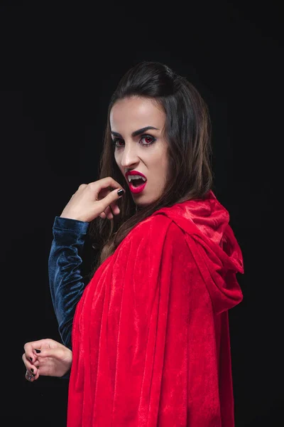 Dreadful Vampire Woman Red Cloak Showing Her Teeth Isolated Black — Stock Photo, Image