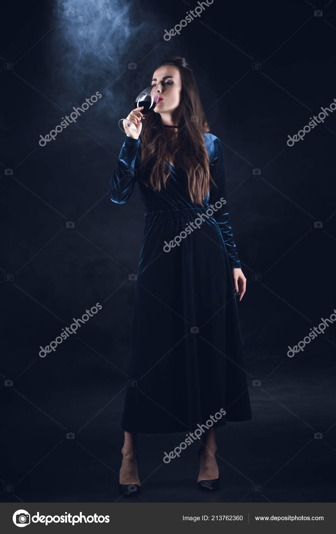 Vampire Woman Drinking Blood Wineglass Dark Background Smoke Free Stock Photo C Vitalikradko 213762360