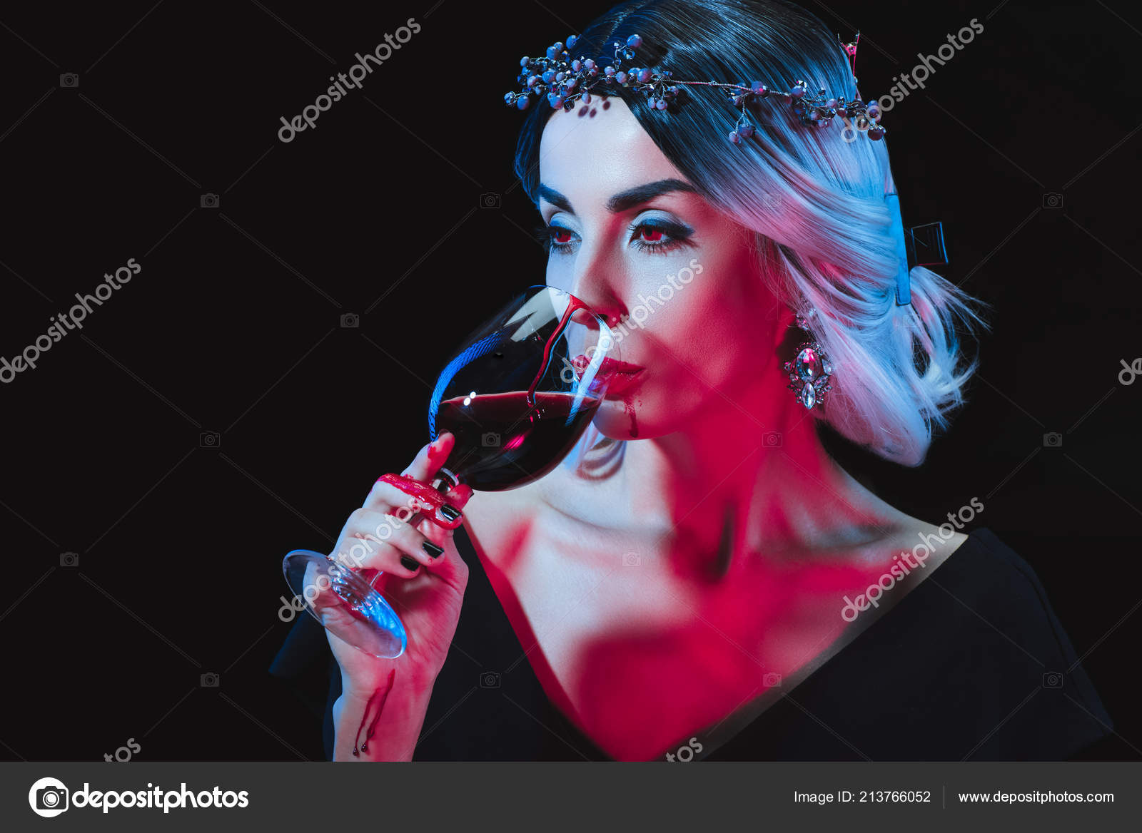 Sexy Vampire Drinking Blood Wineglass Isolated Black Stock Photo By C Vitalikradko 213766052