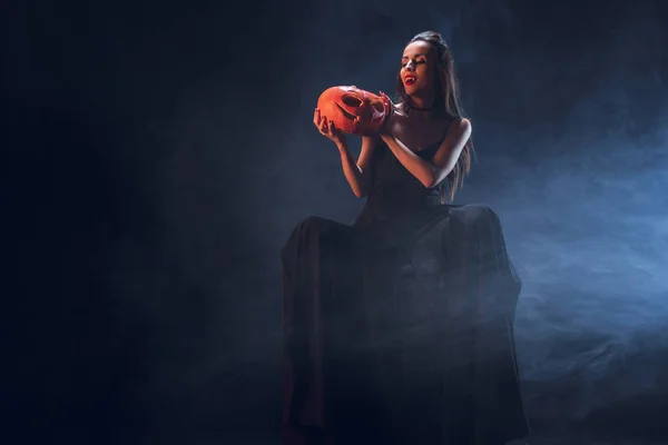 Beautiful Woman Vampire Costume Holding Jack Lantern Dark Background Smoke — Stock Photo, Image